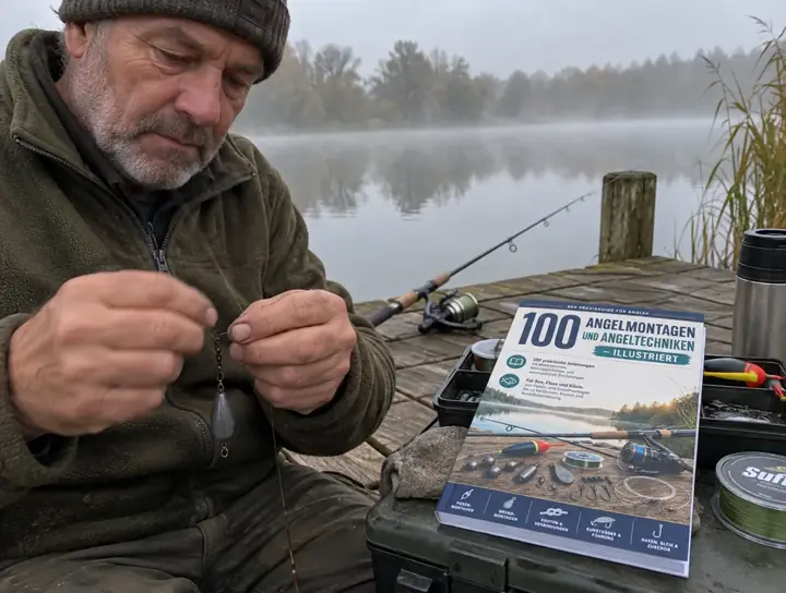 Angler mit dem Ratgeber am Wasser