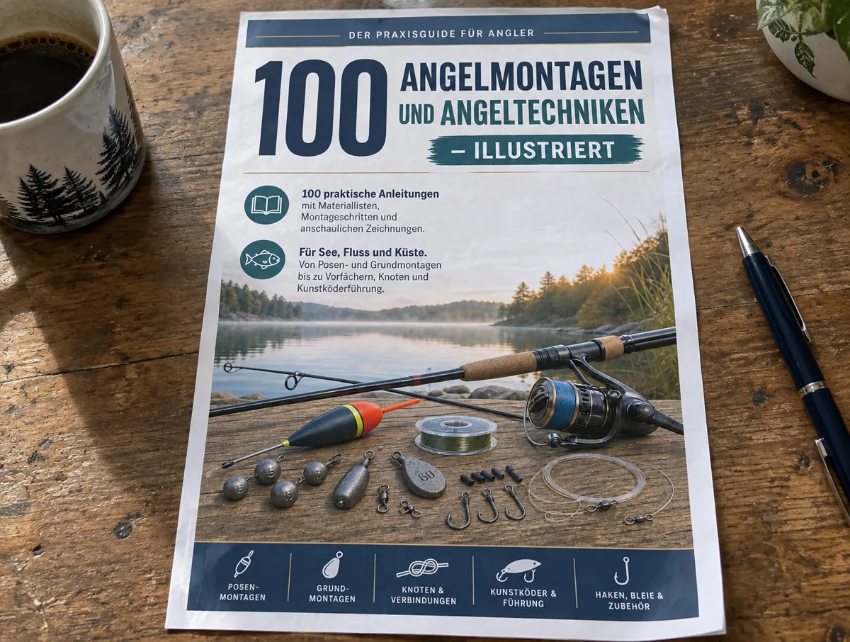 Ausgedruckte Angelanleitungen im A4-Format auf einem Tisch